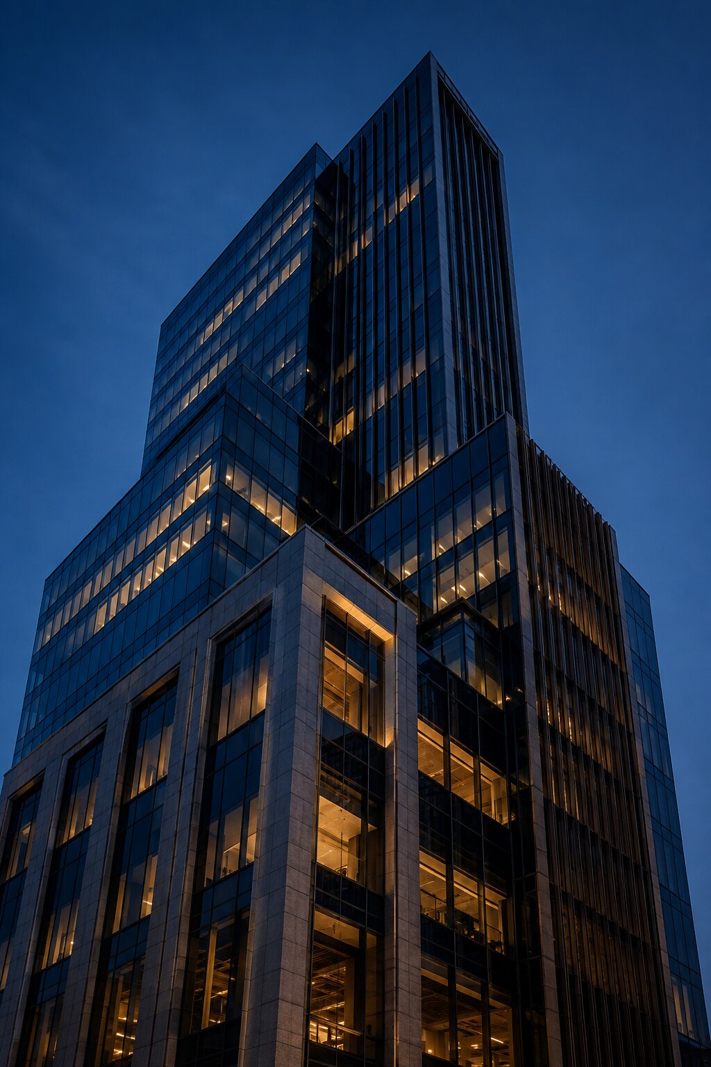 A financial-district tower at blue hour — structure that holds over time
